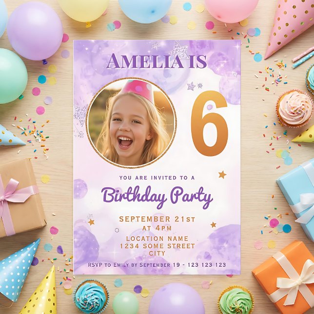 Convites 6 Purple Gold Star Bubbles 6th Birthday Invitation (Criador carregado)