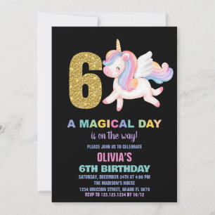 Convites 6 Rainbow Unicorn Aniversário Invoca Preto