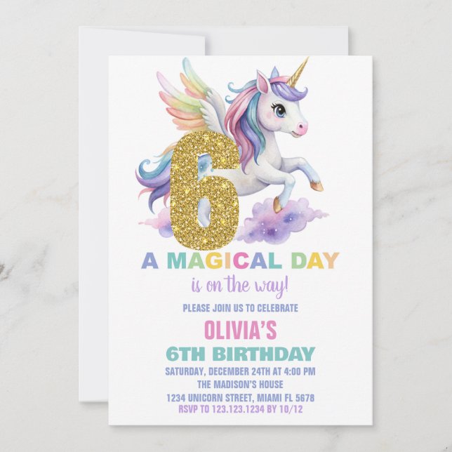 Convites 6 Rainbow Unicorn Aniversário Voa (Frente)
