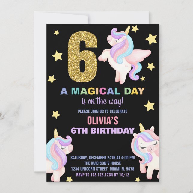 Convites 6 Rainbow Unicorn Aniversário Voa (Frente)