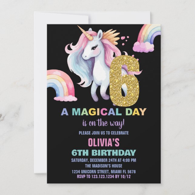 Convites 6 Rainbow Unicorn Birthday Invisions watercolo (Frente)