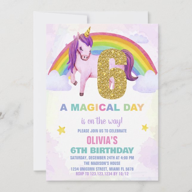 Convites 6 Rainbow Unicorn - Nuvem de Aniversário (Frente)