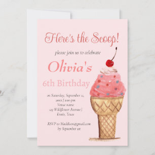 Convites 6 sorvete Birthday Girl Pink Watercolor