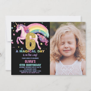 Convites 6 Unicorn Aniversário Invasões Pretos com Foto