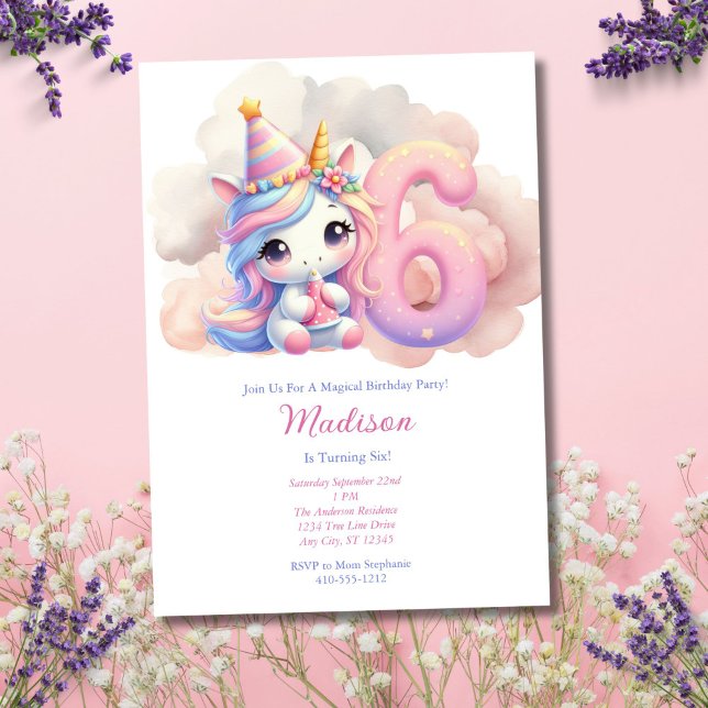 Convites 6 Unicórnio Sexta Rapariga Azul Rosa Aniversário (Unicorn 6th Sixth Birthday Party Invitation for Girl. Digital Download or Printed)
