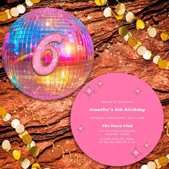 Convites 6th Birthday Party Gold Pink Glitter Disco Ball (Criador carregado)
