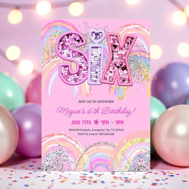 Convites 6th Birthday Rainbow Invitation (Rainbow Pastel Sequin 6th Birthday Pink Invitation)