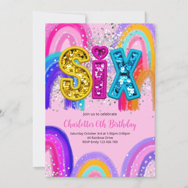 Convites 6th Birthday Sequin Rainbow Party Invitation (Frente)