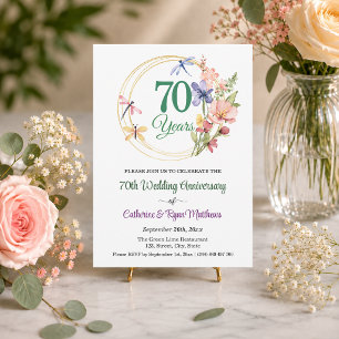 Convites 70º Aniversário de Casamento Moldura Dourada Flora