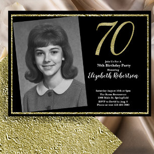 Convites 70º Personalizado Foto Preto e Dourado