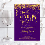 Convites 70 Aniversário - Saúde A 70 Anos Dourado Roxo<br><div class="desc">Convite de aniversário de 70. Saúde Para 70 Anos! Design elegante em roxo e ouro. Apresenta óculos de champanhe,  fonte de script e confetti. Perfeito para na moda 70 festas de aniversário. Personalize com seus próprios detalhes. Pode ser personalizado para mostrar qualquer idade.</div>