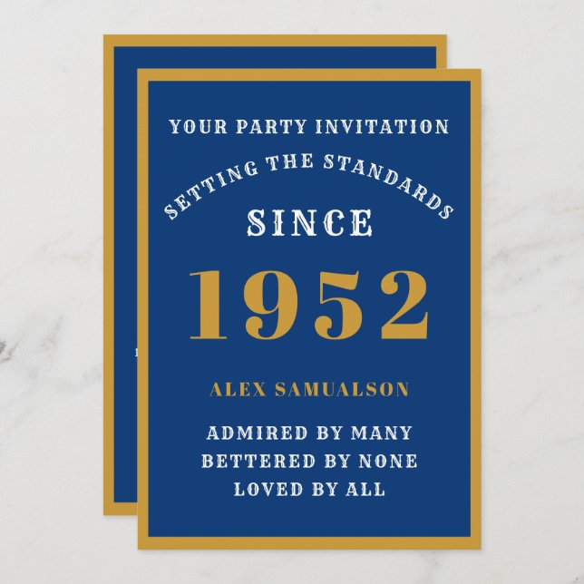 Convites 70 Birthday Add Name 1952 Elegante Chic Blue Doura (Frente/Verso)