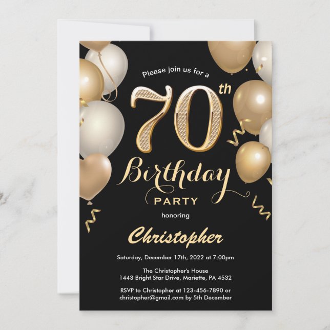 Convites 70 Birthday Black and Dourado Balloons Confetti (Frente)