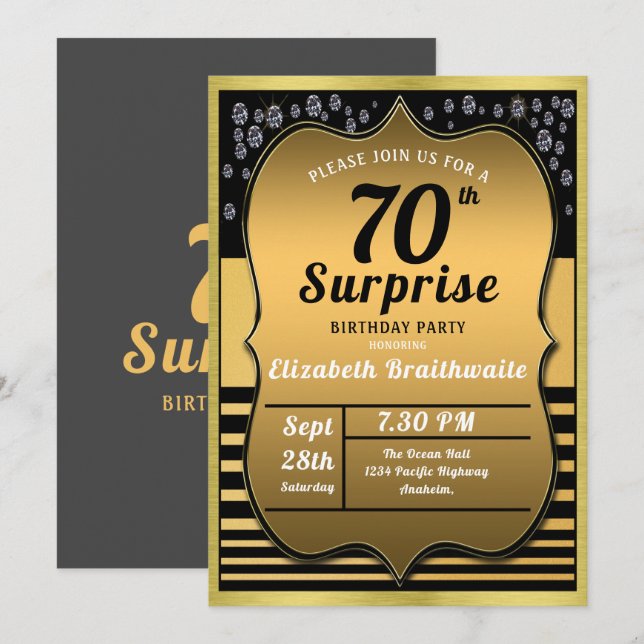 Convites 70 Birthday Black Surprise Party (Frente/Verso)