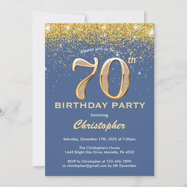 Convites 70 Birthday Blue e Dourada Glitter Confetti (Frente)