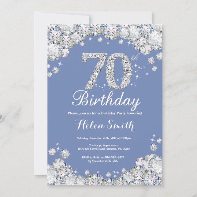Convites 70 Birthday Blue e Silver Diamond (Frente)