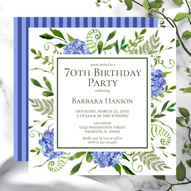 Convites 70 Birthday Blue Hydrangeas (Criador carregado)