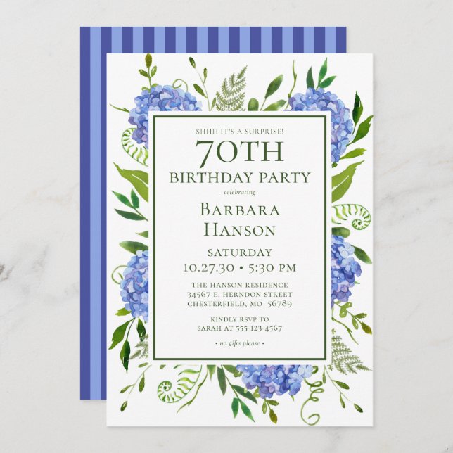 Convites 70 Birthday Blue Hydrangeas Surprise Party (Frente/Verso)