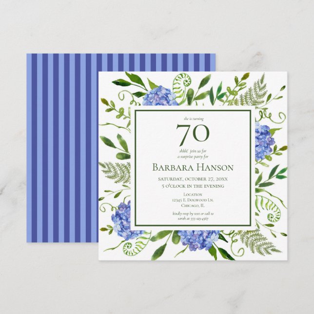 Convites 70 Birthday Blue Hydrangeas Surprise Party (Frente/Verso)