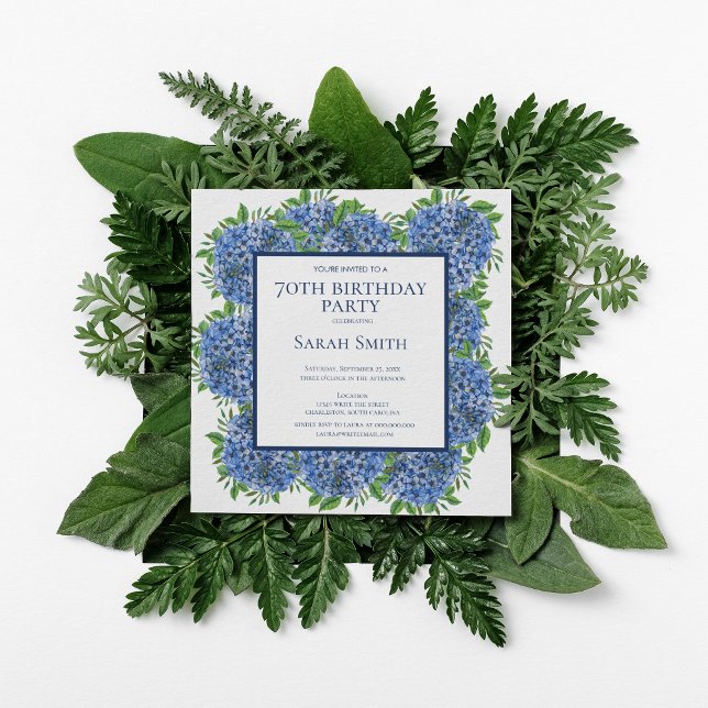 Convites 70 Birthday Blue Hydrangeas Watercolor Party Inv (Criador carregado)