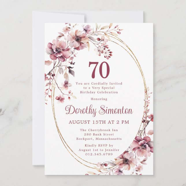 Convites 70 Birthday Burgundy Blush Pink (Frente)