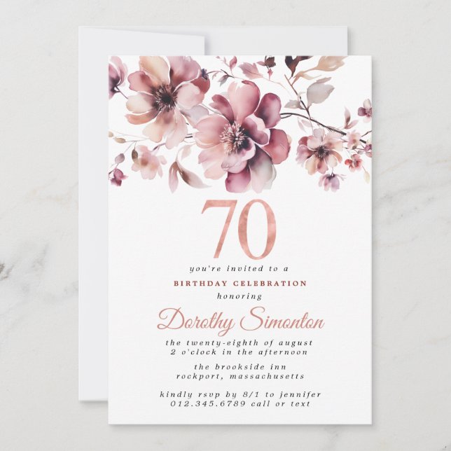Convites 70 Birthday Burgundy Dusty Blush Rosa Floral (Frente)