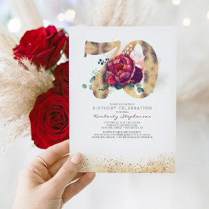 Convites 70 Birthday Burgundy Red e Dourada Glitter