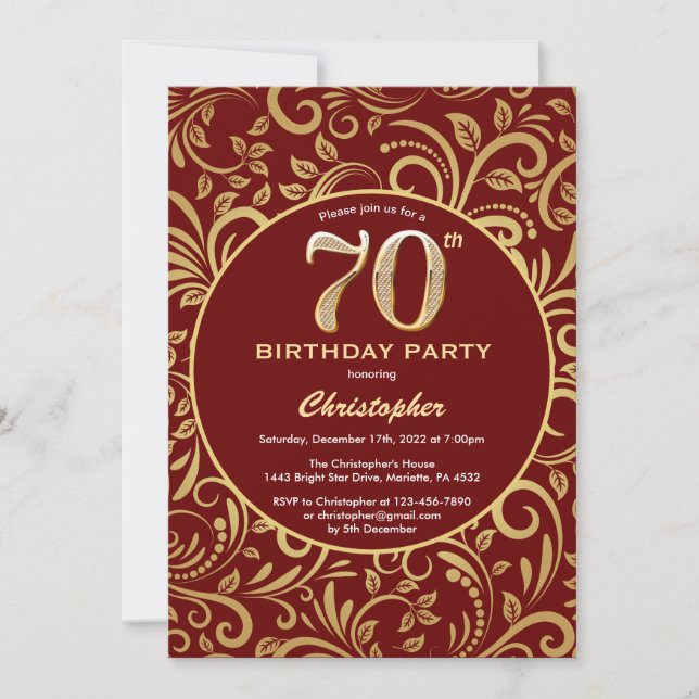 Convites 70 Birthday Burgundy Red e Dourado Padrão Floral (Frente)