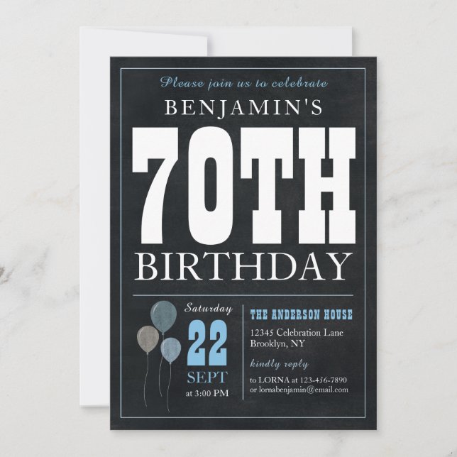 Convites 70 Birthday Chalkboard Blue Balloon Russo Chic (Frente)