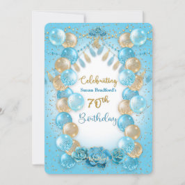 Convites 70 Birthday Damas Azul Dourado Balões Design