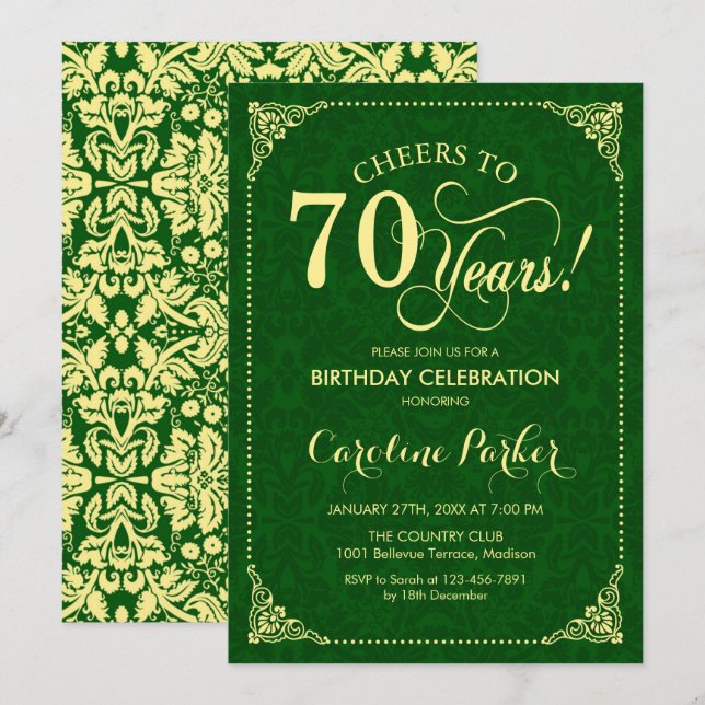 Convites 70 Birthday - Damasco Verde Dourado (Frente/Verso)