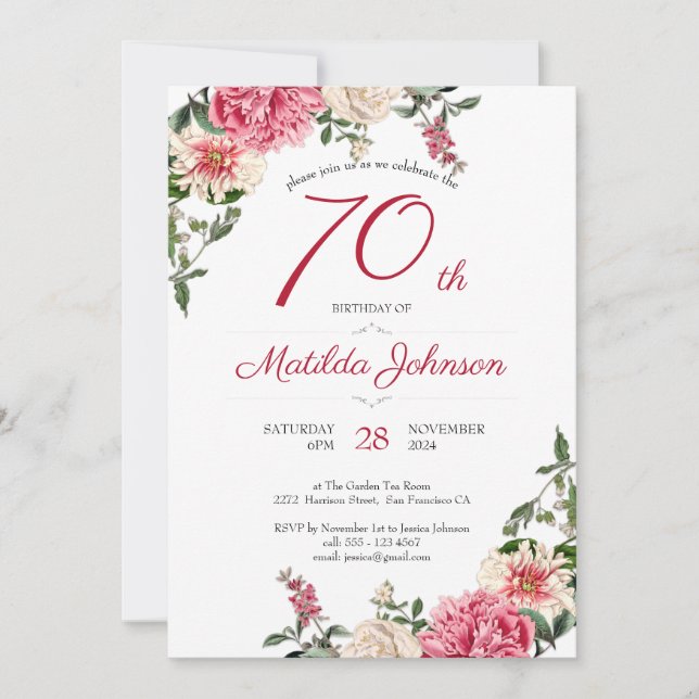 Convites 70 Birthday Elegant Floral Pink Red Custom Party (Frente)