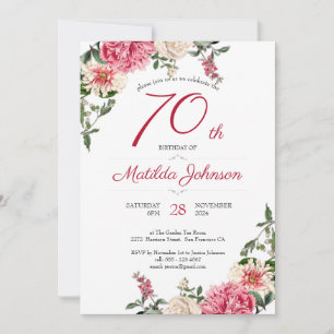Convites 70 Birthday Elegant Floral Pink Red Custom Party