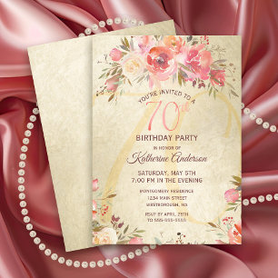Convites 70 Birthday Floral Pink Roses Douradas Shimmer Par