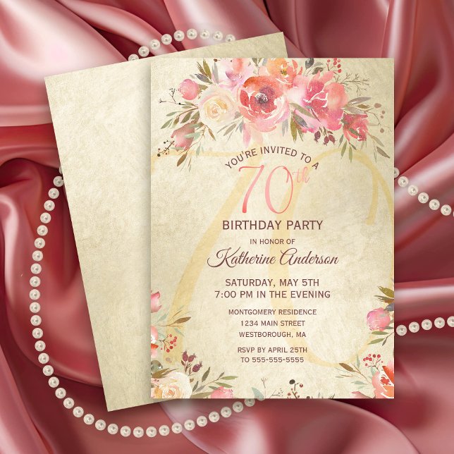 Convites 70 Birthday Floral Pink Roses Douradas Shimmer Par (Chic Pink Rose Floral Gold Shimmer 70th Birthday Party Invitation)