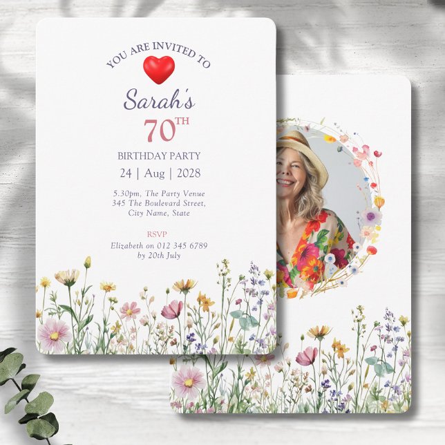 Convites 70 Birthday Garden Floral Wild Meadow Photo (70th birthday party invitations with a wild garden meadow floral design on a grey wood background)