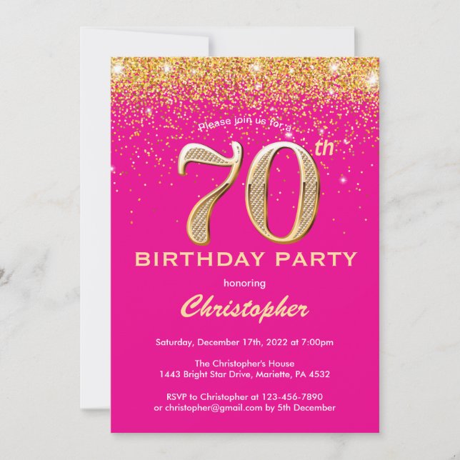 Convites 70 Birthday Hot Pink e Dourado Glitter Confetti (Frente)