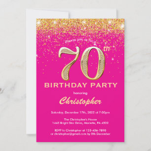 Convites 70 Birthday Hot Pink e Dourado Glitter Confetti