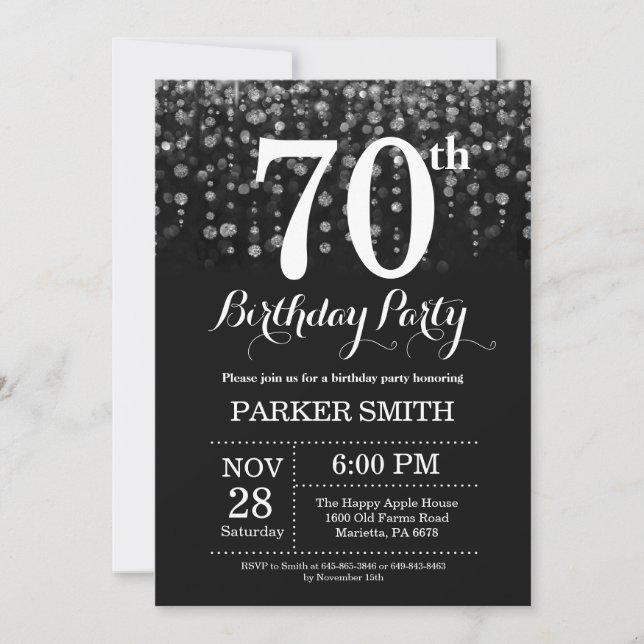Convites 70 Birthday Invitation Silver Glitter (Frente)