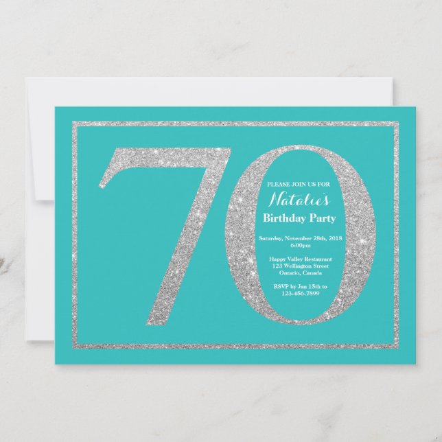 Convites 70 Birthday Invitation Teal and Silver Glitter (Frente)