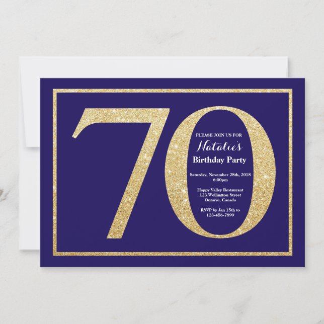 Convites 70 Birthday Marinho Azul e Dourado Brilho (Frente)