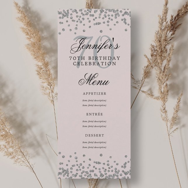 Convites 70 Birthday Menu Silver Confetti Rosa (70th Birthday Menu Silver Confetti Blush Pink Invitation)