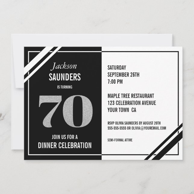Convites 70 Birthday Modern Black and White Jantar Party (Frente)