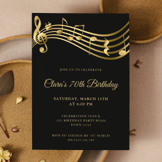 Convites 70 Birthday Music Notes Dourado Elegante Moderno