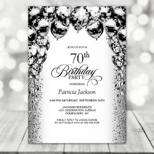 Convites 70 Birthday - Partido dos Balões Negro e Branco