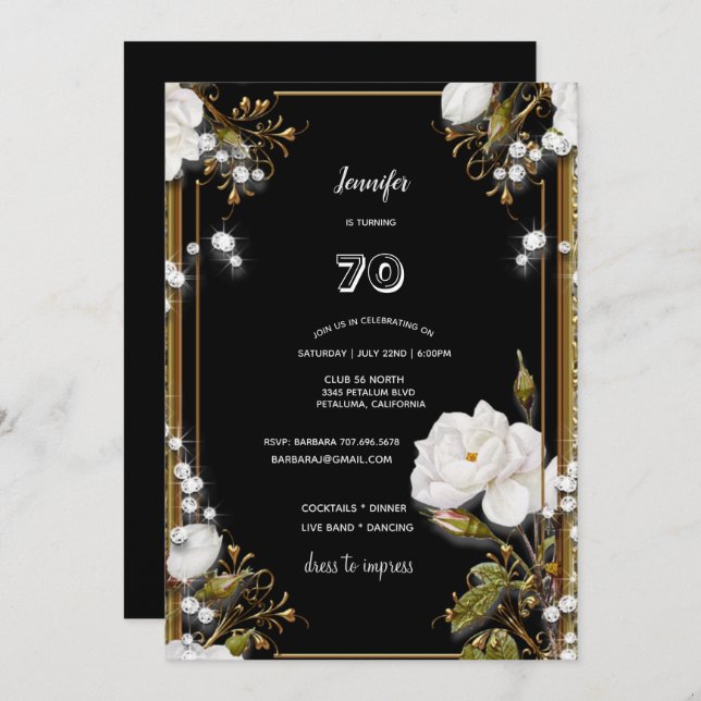 Convites 70 Birthday/Partido Dourado Ornamentado Frame Whit (Frente/Verso)
