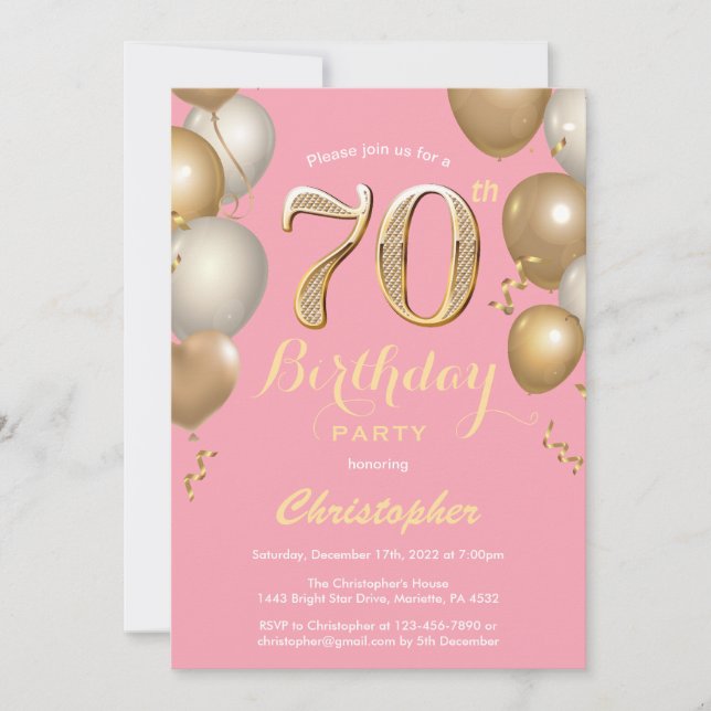 Convites 70 Birthday Pink e Dourado Balões Confetti (Frente)