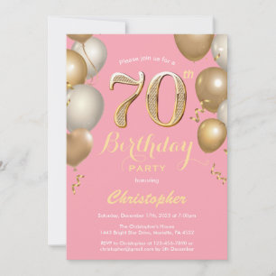 Convites 70 Birthday Pink e Dourado Balões Confetti