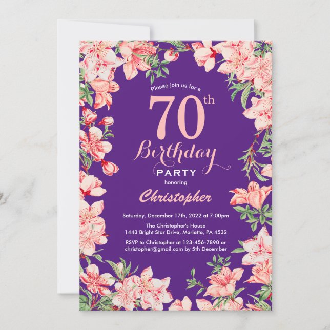 Convites 70 Birthday Pink Floral Flores Roxos Violeta (Frente)