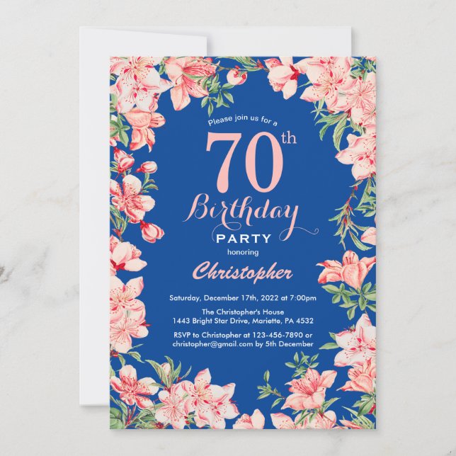 Convites 70 Birthday Pink Floral Flowers Blue (Frente)